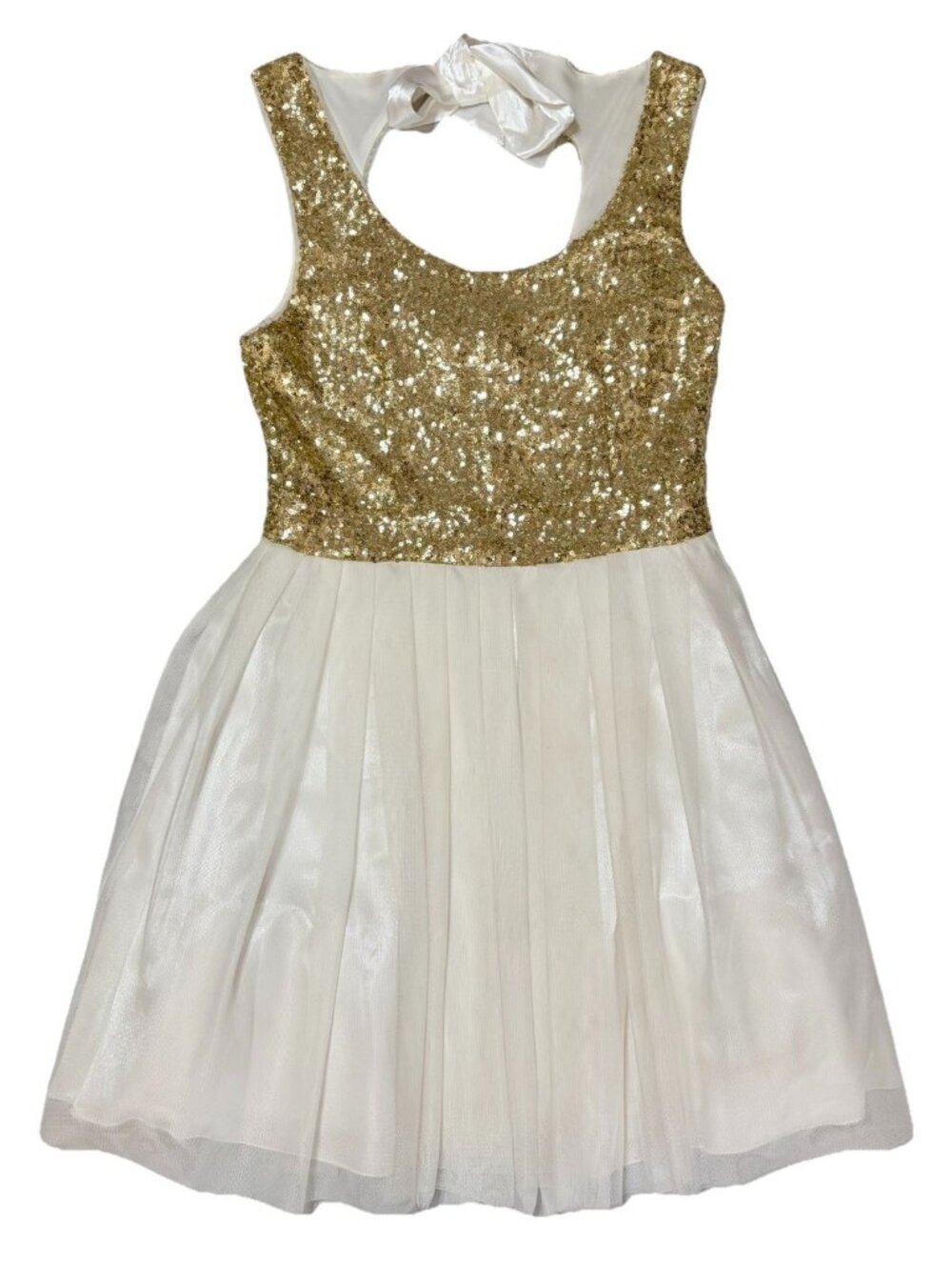 B. Darlin Sequined Gold, Off White Open Tie Back A-Line Dress Juniors Size 9/10